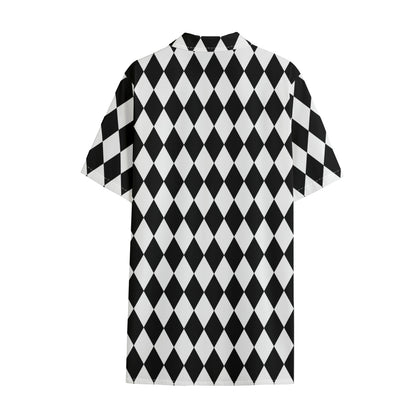 Black And White Harlequin Pattern Print Cotton Hawaiian Shirt