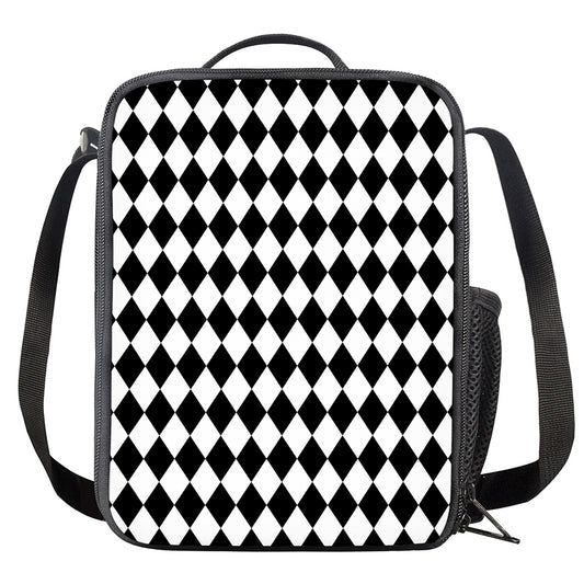 Black And White Harlequin Pattern Print Crossbody Lunch Bag