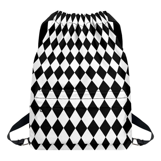 Black And White Harlequin Pattern Print Drawstring Backpack