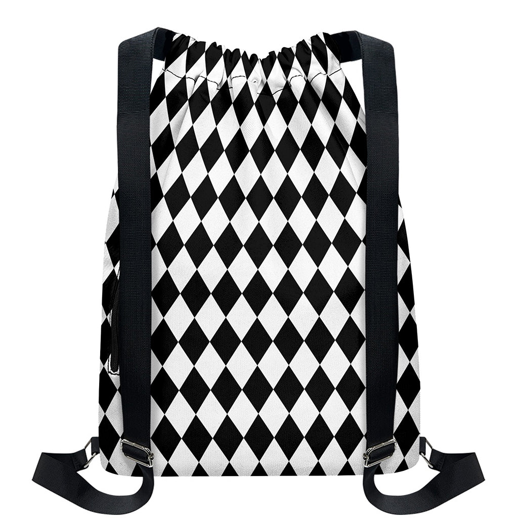 Black And White Harlequin Pattern Print Drawstring Backpack