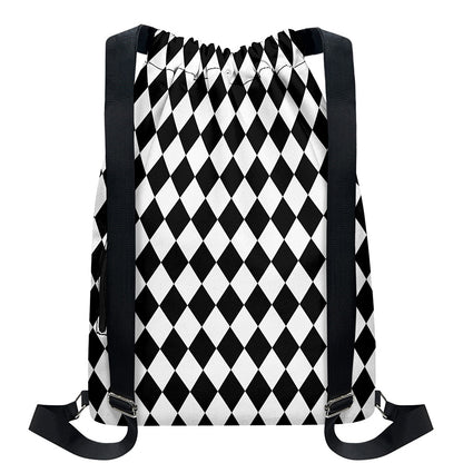 Black And White Harlequin Pattern Print Drawstring Backpack