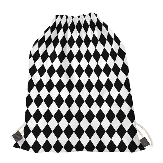 Black And White Harlequin Pattern Print Drawstring Bag