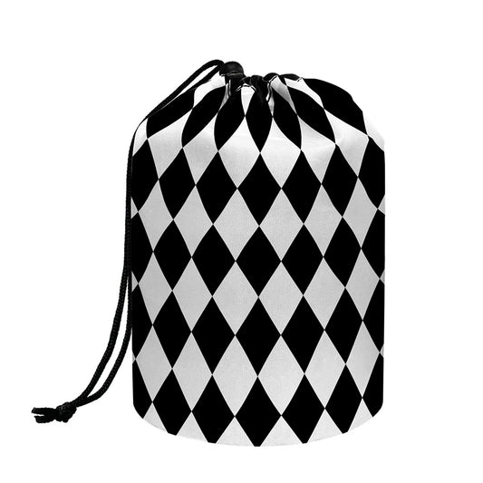 Black And White Harlequin Pattern Print Drawstring Makeup Bag