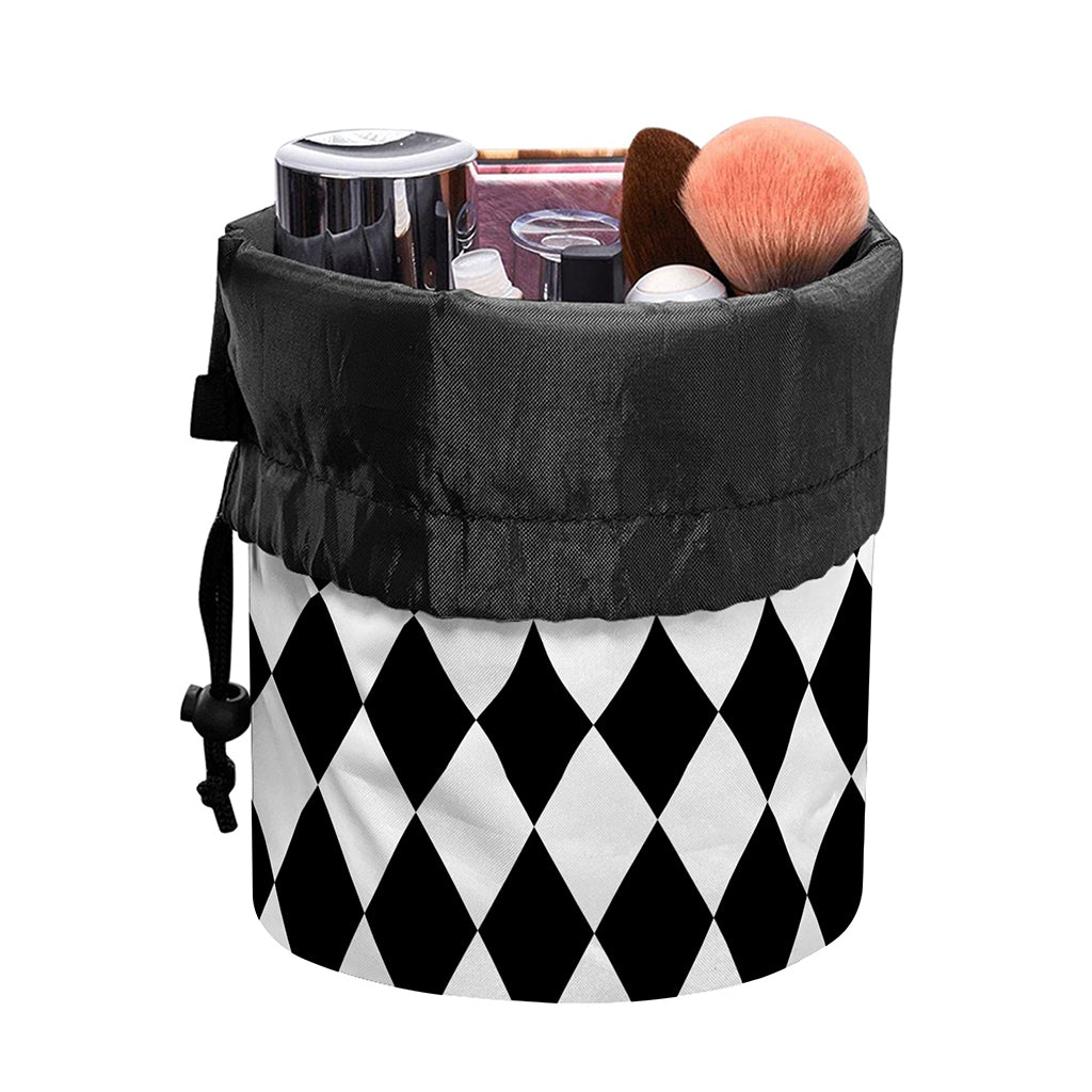 Black And White Harlequin Pattern Print Drawstring Makeup Bag