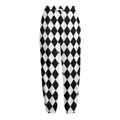 Black And White Harlequin Pattern Print Fleece Lined Knit Pants