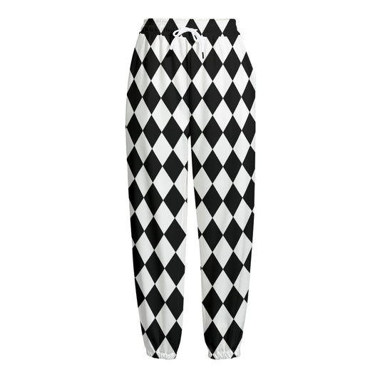 Black And White Harlequin Pattern Print Fleece Lined Knit Pants