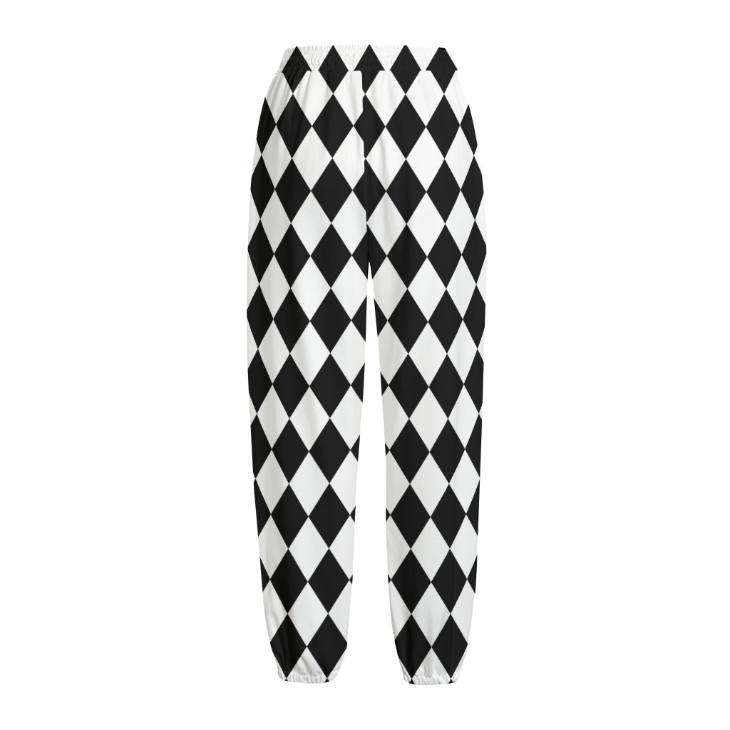 Black And White Harlequin Pattern Print Fleece Lined Knit Pants