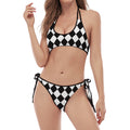 Black And White Harlequin Pattern Print Halter Scoop Tie Side Bikini