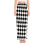 Black And White Harlequin Pattern Print High Slit Maxi Skirt
