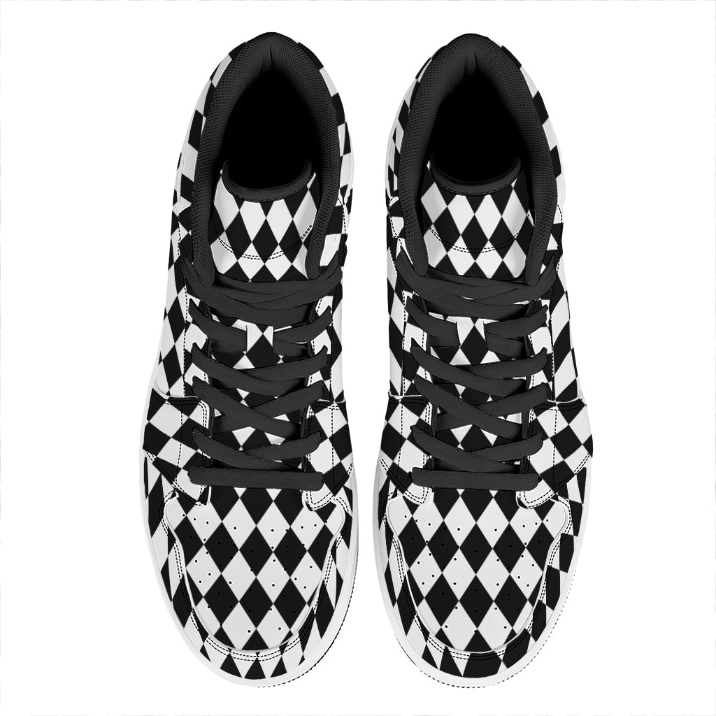Black And White Harlequin Pattern Print High Top Leather Sneakers