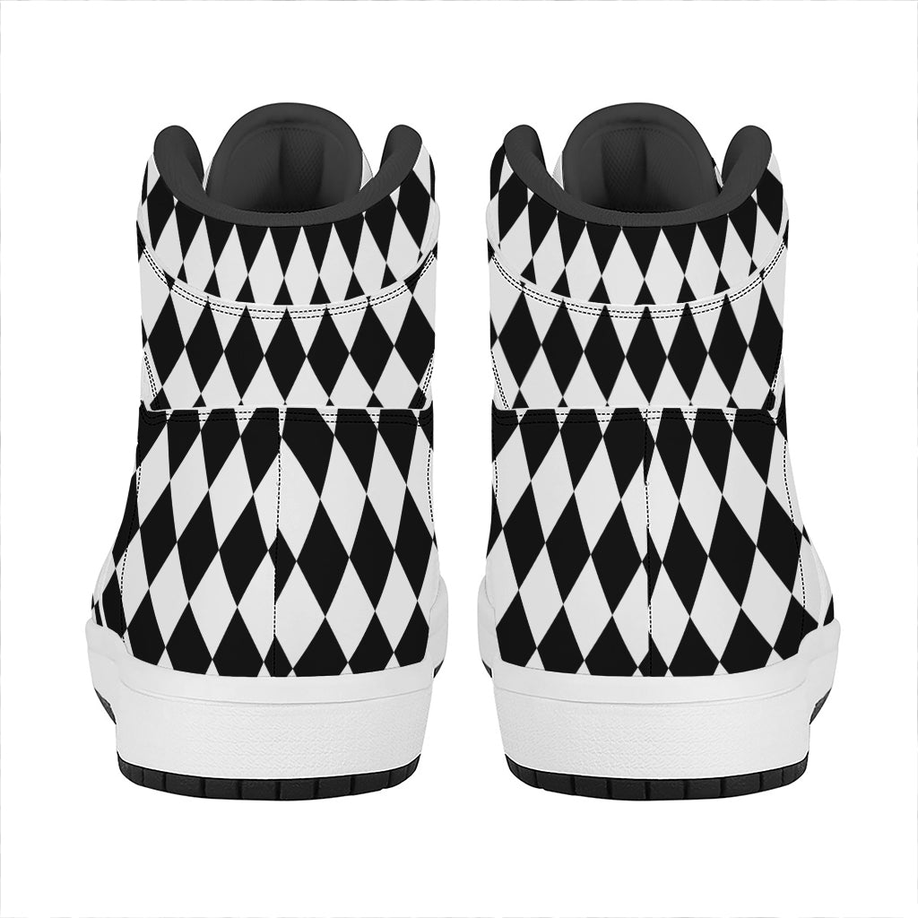 Black And White Harlequin Pattern Print High Top Leather Sneakers