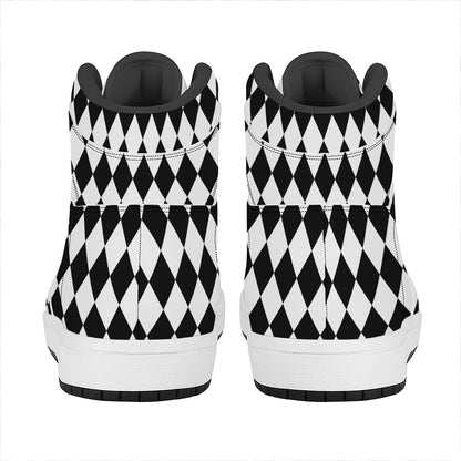 Black And White Harlequin Pattern Print High Top Leather Sneakers