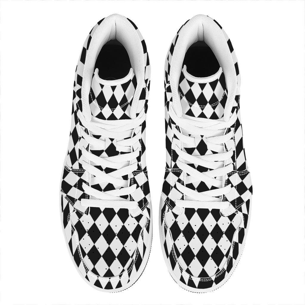 Black And White Harlequin Pattern Print High Top Leather Sneakers
