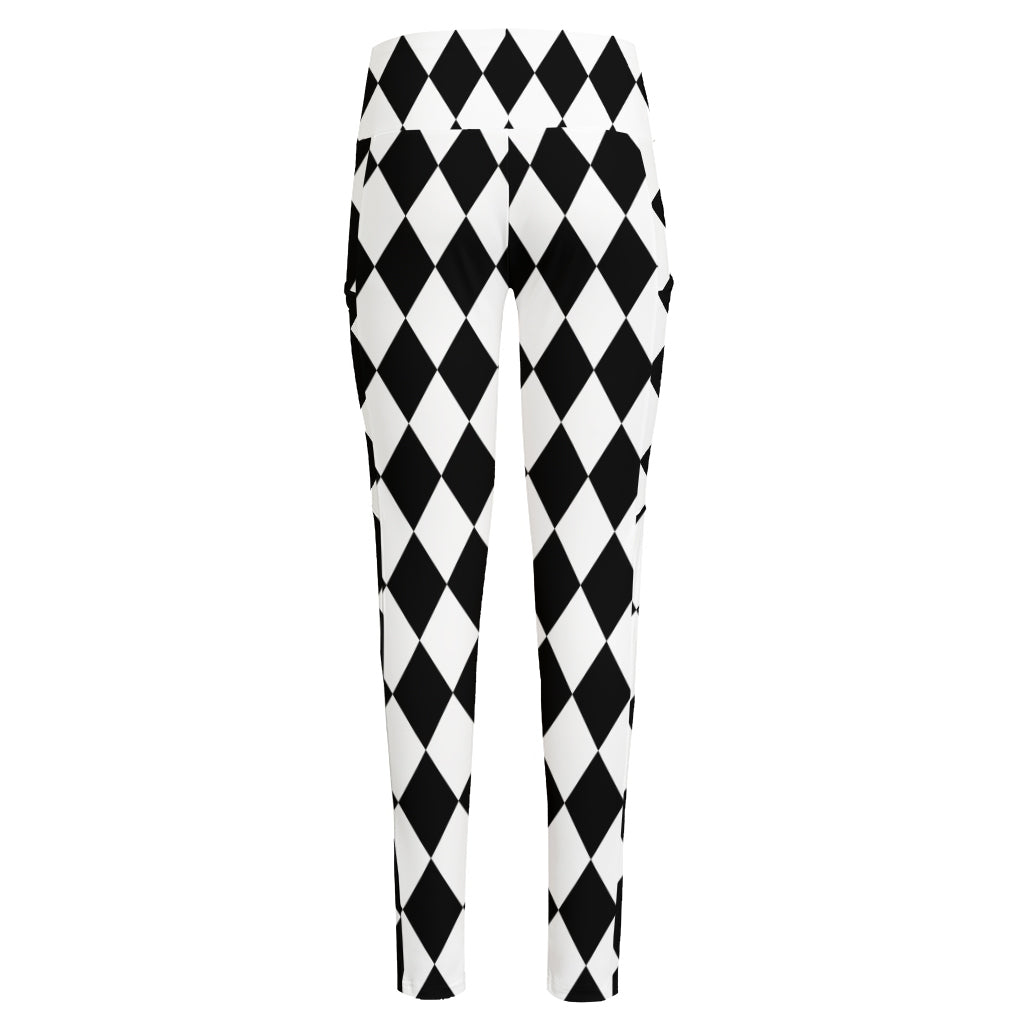 Black And White Harlequin Pattern Print High-Waisted Pocket Leggings