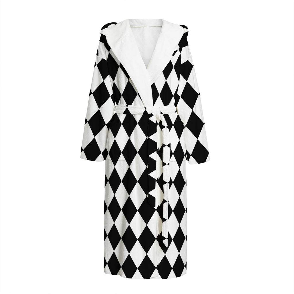 Black And White Harlequin Pattern Print Hooded Bathrobe