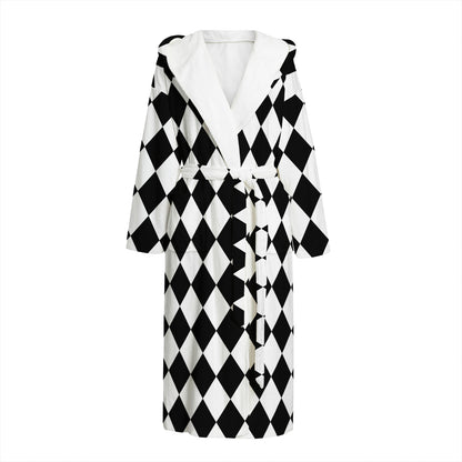 Black And White Harlequin Pattern Print Hooded Bathrobe