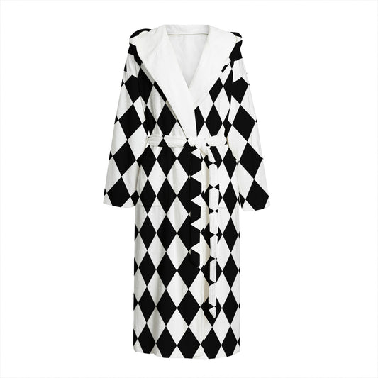 Black And White Harlequin Pattern Print Hooded Bathrobe