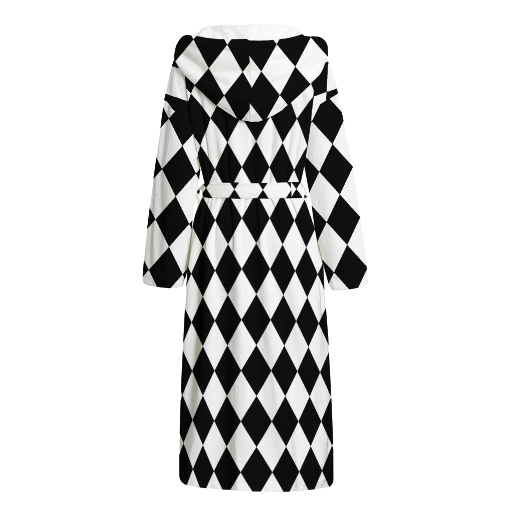 Black And White Harlequin Pattern Print Hooded Bathrobe