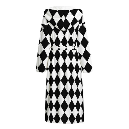 Black And White Harlequin Pattern Print Hooded Bathrobe
