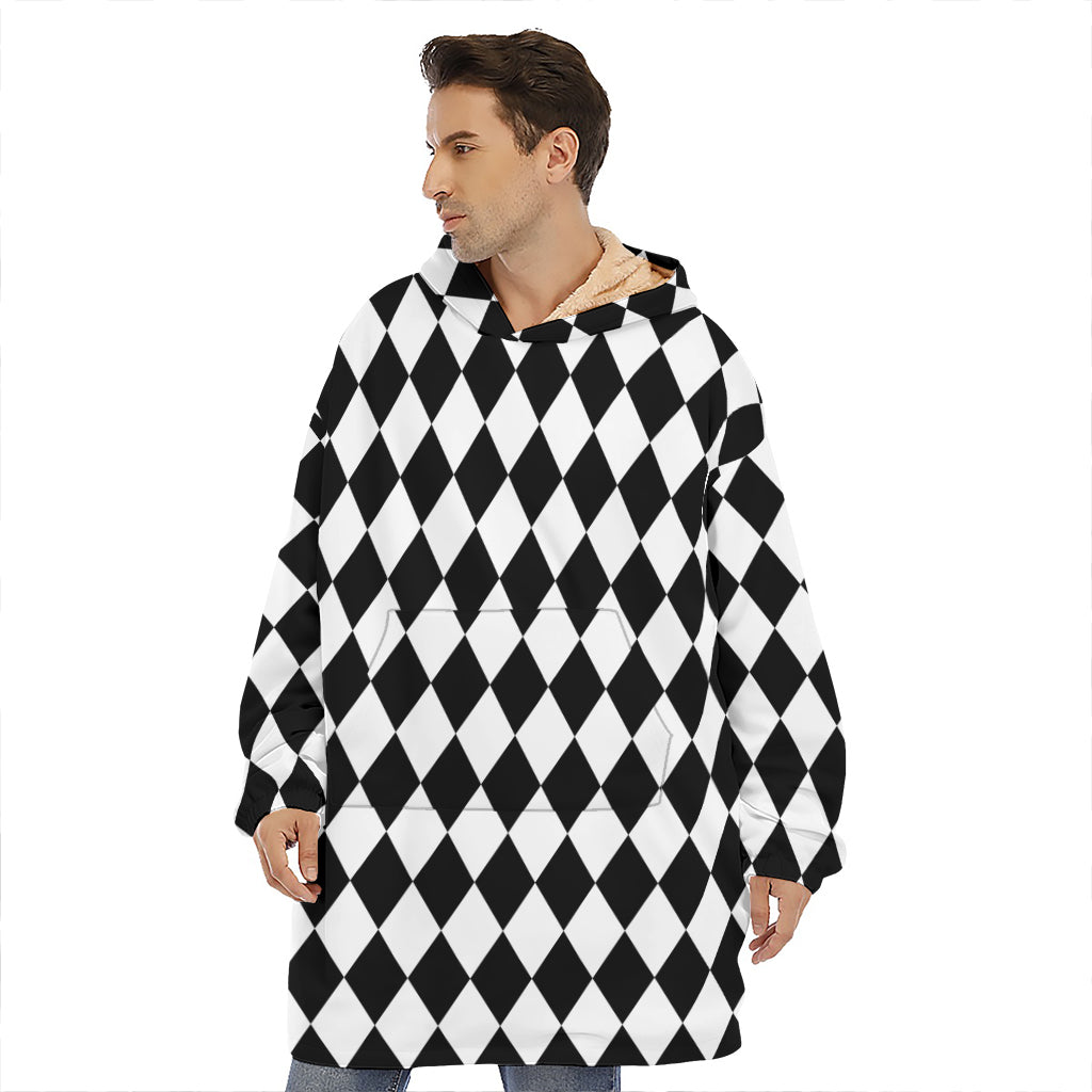 Black And White Harlequin Pattern Print Hoodie Blanket