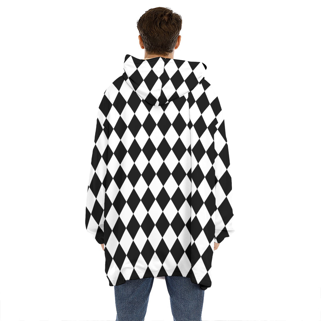 Black And White Harlequin Pattern Print Hoodie Blanket