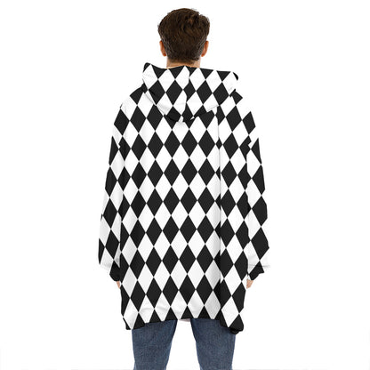 Black And White Harlequin Pattern Print Hoodie Blanket