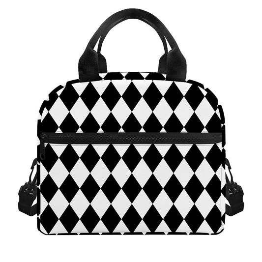 Black And White Harlequin Pattern Print Insulated Lunch Bag