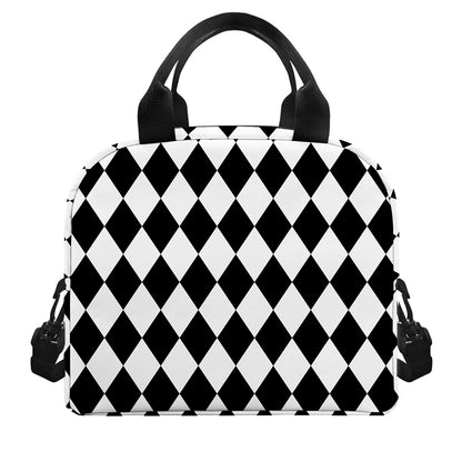 Black And White Harlequin Pattern Print Insulated Lunch Bag