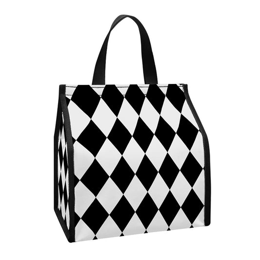 Black And White Harlequin Pattern Print Insulated Lunch Tote