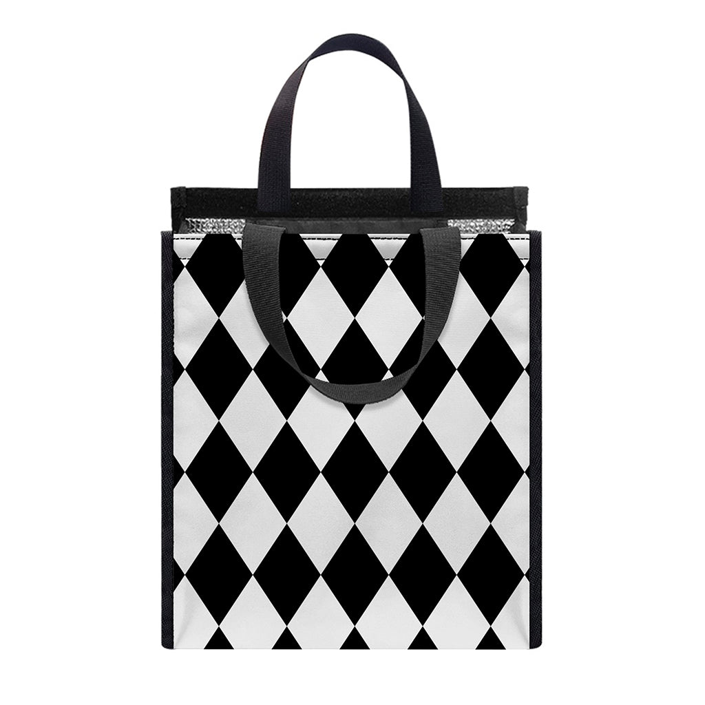 Black And White Harlequin Pattern Print Insulated Lunch Tote