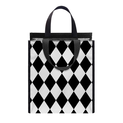 Black And White Harlequin Pattern Print Insulated Lunch Tote