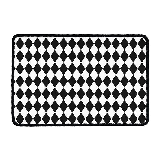 Black And White Harlequin Pattern Print Kitchen Mat