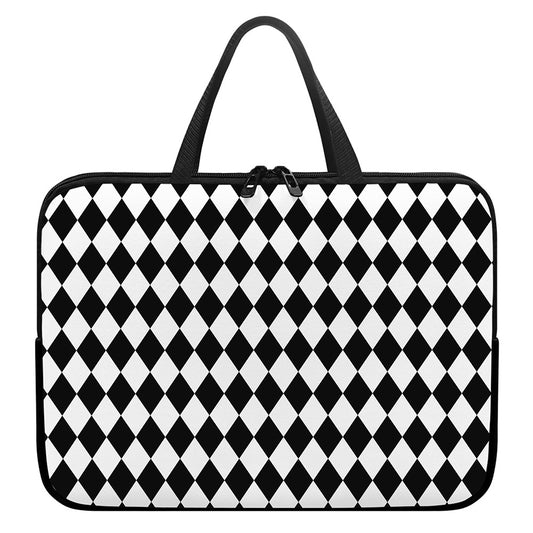Black And White Harlequin Pattern Print Laptop Sleeve With Handle