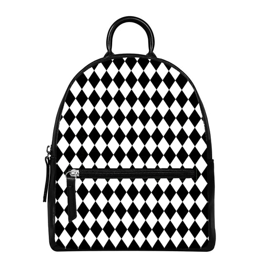 Black And White Harlequin Pattern Print Leather Backpack