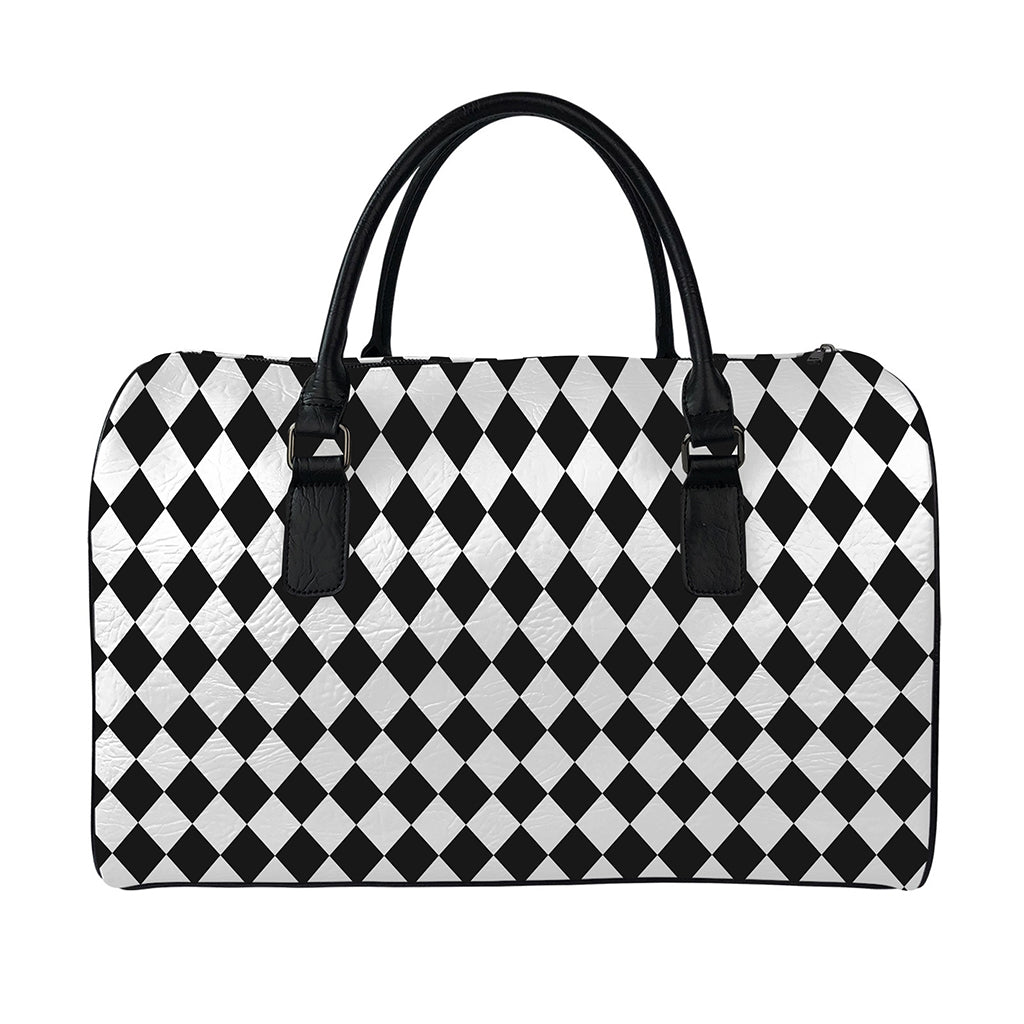 Black And White Harlequin Pattern Print Leather Duffle Bag
