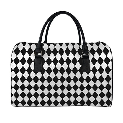 Black And White Harlequin Pattern Print Leather Duffle Bag
