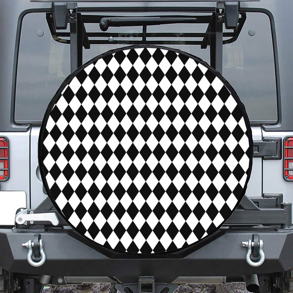 Black And White Harlequin Pattern Print Leather Spare Tire Cover