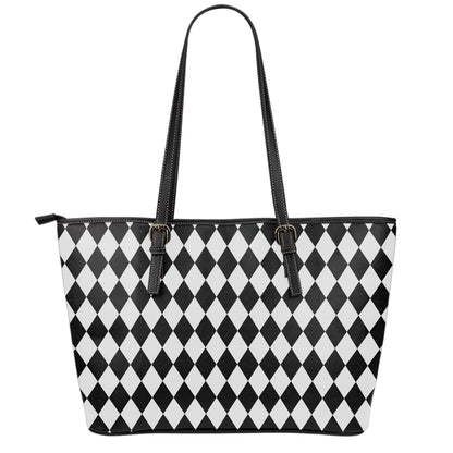 Black And White Harlequin Pattern Print Leather Tote Bag