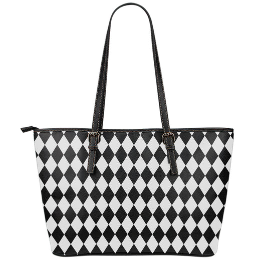 Black And White Harlequin Pattern Print Leather Tote Bag