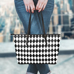 Black And White Harlequin Pattern Print Leather Tote Bag