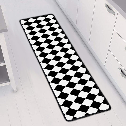 Black And White Harlequin Pattern Print Long Kitchen Mat