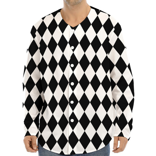 Black And White Harlequin Pattern Print Long Sleeve Baseball Jersey
