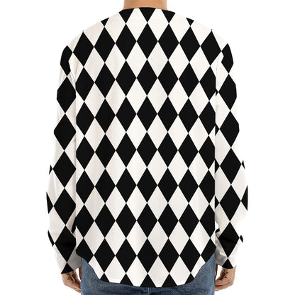 Black And White Harlequin Pattern Print Long Sleeve Baseball Jersey