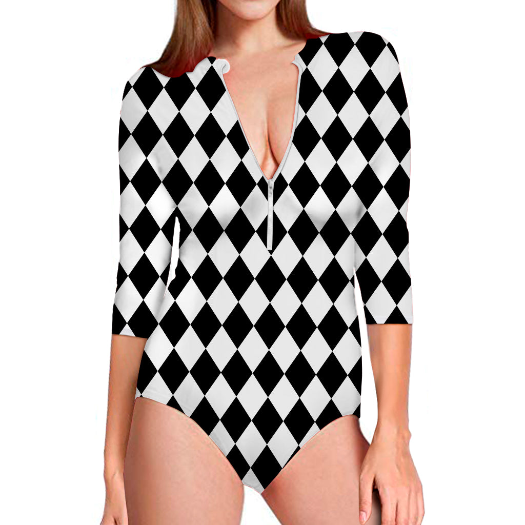 Black And White Harlequin Pattern Print Long Sleeve Swimsuit