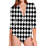 Black And White Harlequin Pattern Print Long Sleeve Swimsuit