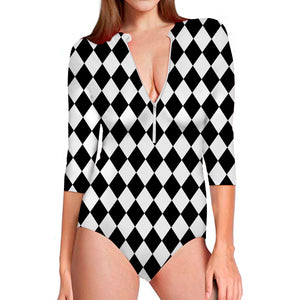 Black And White Harlequin Pattern Print Long Sleeve Swimsuit