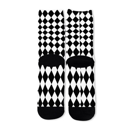 Black And White Harlequin Pattern Print Long Socks