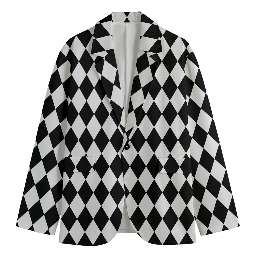 Black And White Harlequin Pattern Print Men's Cotton Blazer