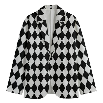 Black And White Harlequin Pattern Print Men's Cotton Blazer