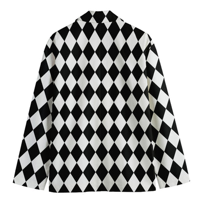 Black And White Harlequin Pattern Print Men's Cotton Blazer